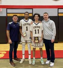 Vernon Township High School sophomore Alex Fessel was named tournament MVP and senior Dhamir Morfe-Chess was named to the all-tournament team after the boys basketball team won the Lancer Holiday Tournament, hosted by Lakeland. The Vikings defeated Lakeland in the finals 68-41. (Photos provided)