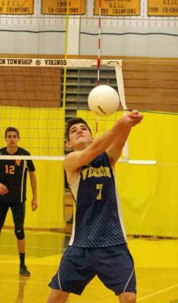 Vernon's Andrew Lisa bumps the ball during a game against West Milford.