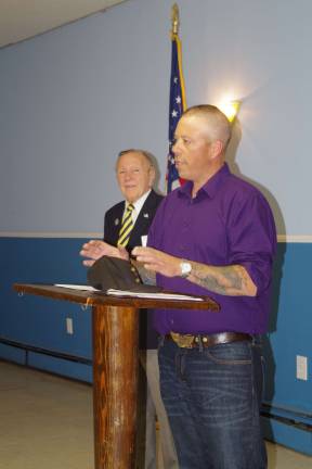 At right, Assemblyman Parker Space briefly addressed those in attendance. In the background is Fred Spages of the Sussex Elks.