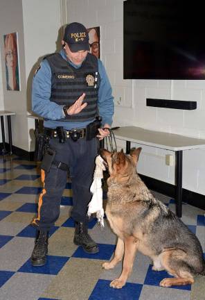 K-9 unit introduced to VTHS students Officer Commero of MOntclair State University and his K-9 Rocky.
