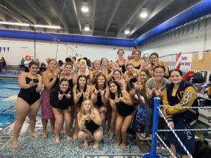The Vernon Township High School girls swimming team poses at their meet Dec. 14 against Hackettstown. The Vikings won, 126-26. (Photo provided)