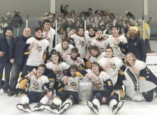 The Vernon Township High School ice hockey team won the Sussex Cup for the fourth year in a row, defeating Sparta/Jefferson, 4-3 in overtime. Junior Ayden Steinbach scored the game-winning goal.