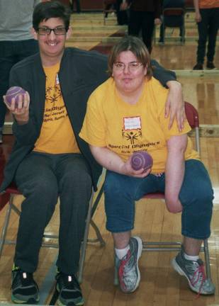 Among those participating in the Area 3 Special Olympics Bocce Meet, held at Madison High School, are (from left) Special Olympics athletes Joseph Dunlop of Vernon and Erin Quinlan of Branchville.