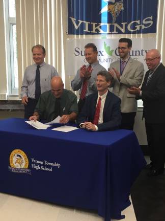 Assistant Superintendent Dr. Charles McKay, Superintendent Arthur DiBenedetto, Drew Krause, SCCC President Dr. Jon Connolly, Joseph Piccirillo and SCCC VP of Academic Affairs Dr. James Baker.