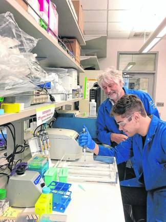 Jacob Alderete, left, with Dr. Chris Evans. Alderete worked with Evans and Dr. Catherine Cahill at UCLA David Geffen School of Medicine during his summer fellowship from the Irene &amp; Eric Simon Brain Research Foundation. (Photos courtesy of IES Brain Research Foundation)