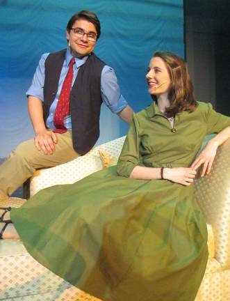 Photo by Viktoria-Leigh Wagner Senior Samuel Morisson of Sussex plays writer Benjy Stone, the narrator, and is seen flirting with love interest/co-worker K.C. Downing, played by senior Riley Whelan of Sussex.