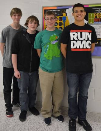 The Winners of Vernon Township High School Poetry Outloud competition are, from left, Dominick Gonzalez and Ted Manning, who tied for third place; CJ VonEssen, second place, and Ethan Metz, first place.