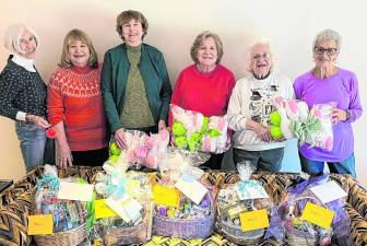 From left, Vernon Township Woman’s Club president Joan Danaher and members Maria Dorsey, Pat McSpiritt, Cathy Maksymiuk, Maureen Blandino and Reba Burrell show off the Easter baskets that club members made for 14 children living in the domestic abuse shelter run by DASI: Domestic Abuse &amp; Sexual Assault Intervention Services. (Photo provided)