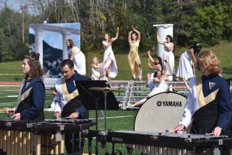 The Vernon Township High School Marching Band plays ‘Medusa’ at a band competition Saturday, Sept. 30 in West Milford. (Photo by Rich Adamonis)