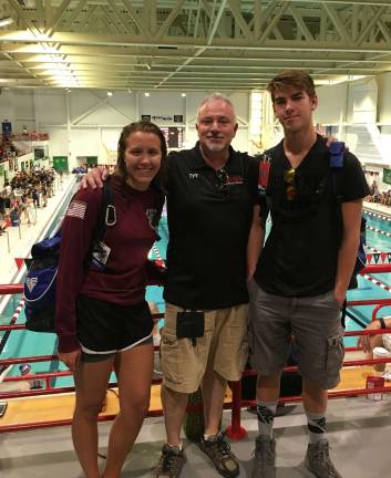 North Jersey Barracudas make waves in long course Samantha Russell, Coach George Soutter, and Jake Riva.