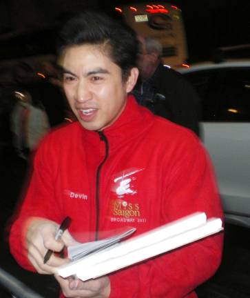 Broadway star Devin Ilaw greets his Vernon fans outside the stage door of the Broadway Theater.