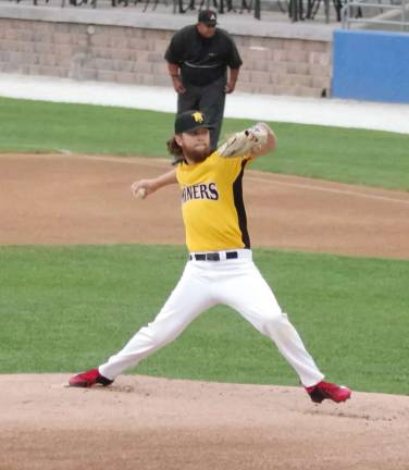 Sussex County Miners pitcher Michael Wagner in throw motion.