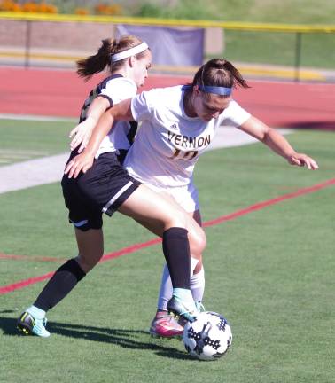 West Milford shuts out Vernon, 2-0 West Milford's Riley McGill challenges Vernon's Kathleen Smaldone for control of the ball.