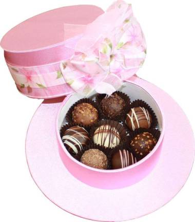 Ahat box (colors are available in pink and lavender), filled with Truffles.