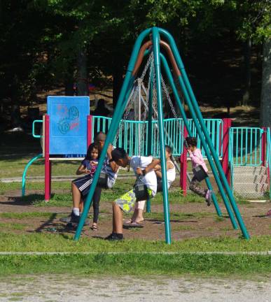 A swing set and playground near the picnic areas.