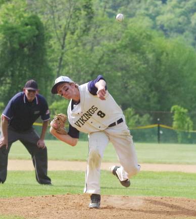 Vernon pitcher Jadon Mutz launches the ball from the mound.