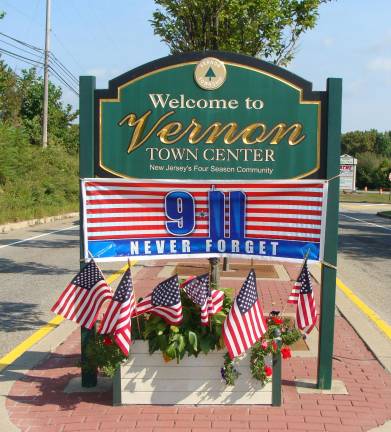 The Vernon Beautification Committee placed this beautiful remembrance at the entrance to town center on Route 515 in Vernon marking the 18th anniversary.