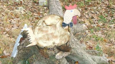 Someone dumped a stump on one of the pull- overs on Canistear Rd. in Vernon. The locals have been creatively decorating the stump for the holidays. The stump was dressed for Halloween and is currently a Thanksgiving gobbler.