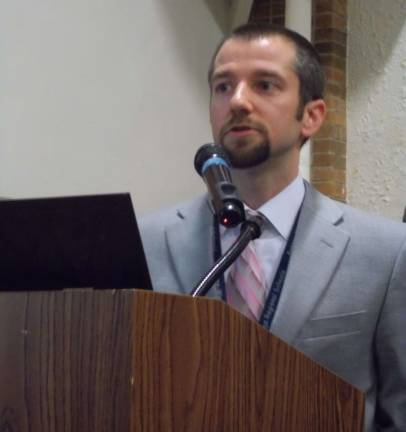 Photo by Vera Olinski Sussex Middle School Principal Shane Schwarz explained the classroom walkthroughs and teacher peer reviews at the most recent Sussex-Wantage Board of Education meeting.