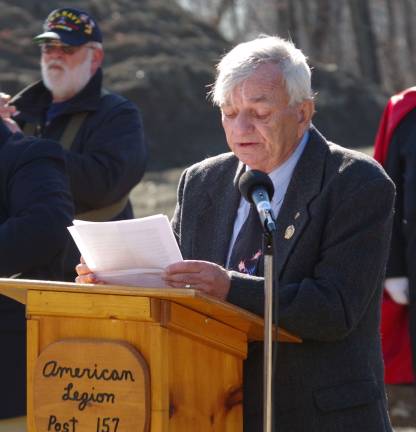 Photo by Chris Wyman At the podium is Vernon Township Vietnam War veteran John Harrigan whose dream of the Northern New Jersey Veterans Memorial Cemetery became reality on Sunday.
