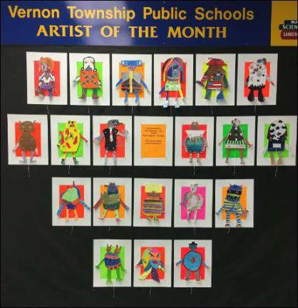 artwork on display The following Lounsberry Hollow School of Vernon Students: Lucas Barbarise, May Jane Murray, Cassidy Ezzo, Aden Karwoski, Gavin Neukum, Joseph Russo, Caleb Glendmyer, Tristan Elder, Noelle Hernandez, Sarah Okken, Susan Mentone, Sihana Destani, Nathan Jones, Viktoria VanNess, Audra Leiter, Christina Kim, Victoria Hurban, Matthew Vecharello, Melody Buccieri and Monica Curry all received the honor of having their artwork, paper alien puppets, displayed at The Vernon Township Board Of Education building for the month of January. This artwork was under the instruction of Mr. Erik Villanueva.