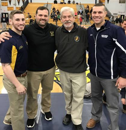 Head Coach Kevin Gocklin (Vernon), Head Coach Gary Stol l(West Milford), Assistant Coach Bill Cooper (Vernon) and Head Coach Scott Stoll (North Warren). All coaches were present at a recent Quad Match at Vernon High School. Long-time Head Coach and now Assistant Coach Bill Cooper coached all three of these gentlemen at Vernon High School throughout his Hall of Fame career.
