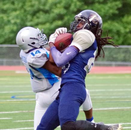 Sussex Stags defensive back Femi Adebola intercepts the ball intended for Jersey Shore Hurricanes receiver Martin Brown III in the second quarter.