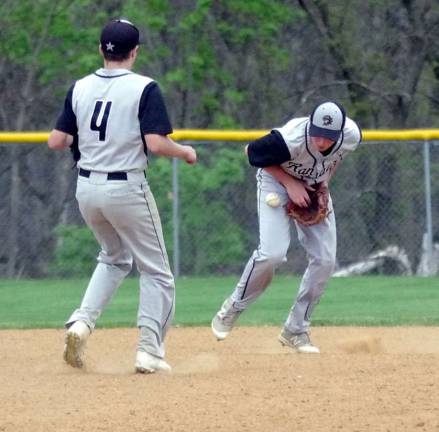 Wallkill Valley Ranger Jordan Florio (4) looks on as teammate Justin Grotyohann errs while fielding the ball.