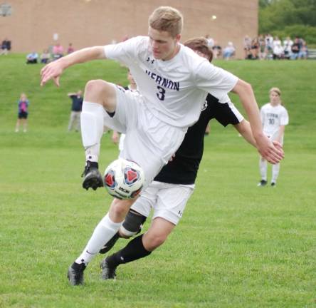 Vernon's Kyle Dunbar uses some fancy foot work to control the ball. Dunbar contributed one assist. Wallkill Valley Regional High School defeated Vernon Township High School (Glenwood, N.J.) in boys varsity soccer on Friday September 14, 2018. The final score was 4-3. Wallkill Valley Regional High School in Hardyston Township, New Jersey hosted the game.