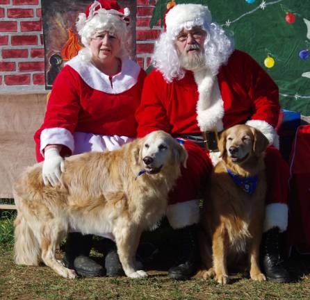 Golden Retrievers Savannah and Halley are shown with Santa and Mrs. Paws at the Vernon Dog Park on Saturday. The two dogs belong to DOGS president Barbara Green.