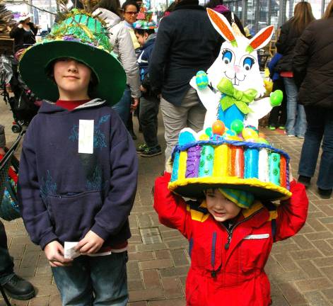 Brothers Ozzie Tobin, 9, and Sebastian, 3, of Highland Lakes are shown before the Easter Bonnet contest held on Saturday at Heaven Hill Farm. Ozzie won first pace in the children&#xfe;&#xc4;&#xf4;s category.