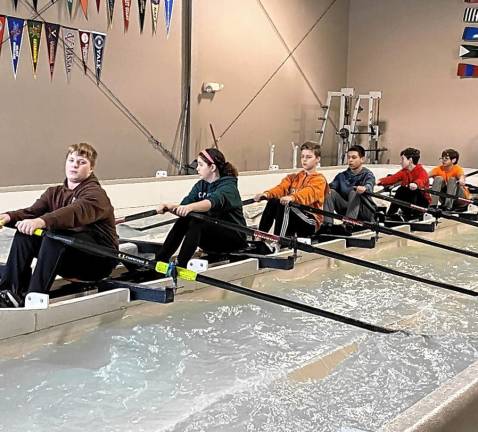 Rowing team prepares for nationals Winter training in indoor rowing tanks. From left are Logan Down, Mae Beskin-Lott, Gavin Stekelenburg, Yair Blekher, Edward Klikfeld and Ethan Nir.