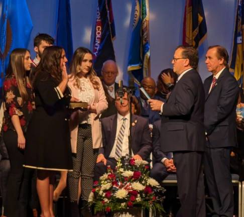 Dawn Fantasia takes the oath of office as a state Assembly member Tuesday, Jan. 9 in Trenton.