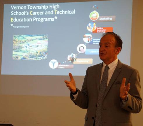 PHOTO BY VERA OLINSKI Assistant Superintendent Charles McKay reviews the new Vernon Township High School Career Technical Education programs.