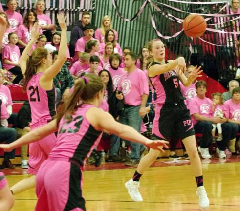 High Point wins Pretty in Pink classic High Point's Trisha Peterson tosses the ball. Peterson contributed eight points, four rebounds, and six assists. High Point Regional High School (Wantage Township, N.J.) defeated Newton High School (Newton, N.J.) in girls varsity basketball on Saturday, January 20, 2018. The final score was 49-31. The eighth annual Pretty in Pink Showcase took place at High Point Regional High School. The High Point Wildcats wore black uniforms with pink numbers. The Newton Braves wore pink uniforms with black numbers. The game raised money for cancer research and awareness.
