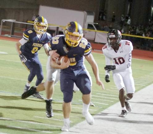 Vernon wide receiver Aden Moskovitz is forced out of bounds in the second half. Moskovitz accomplished 294 yards receiving resulting in 1 touchdown