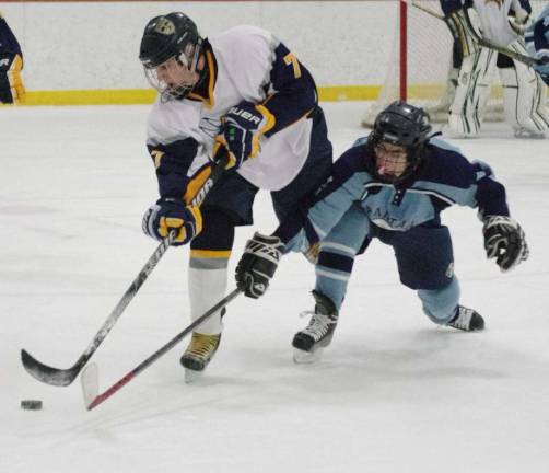 Vernon's Eric Loughren is challenged by Sparta's Jonathan Baker for the puck.