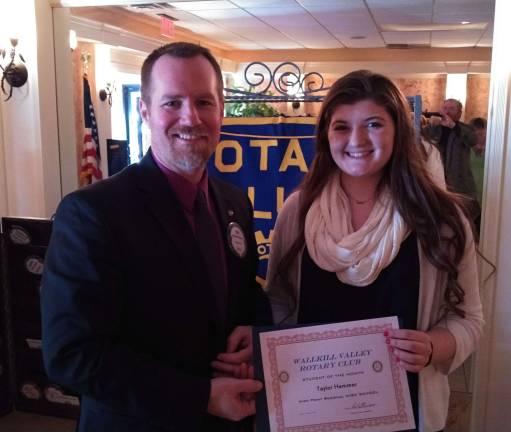 High Point Regional High School student, Taylor Hemmer (right) is the Wallkill Valley Rotary Club Student of the Month. Presented by Jon Tallamay, club member and High Point Regional HS Principal.