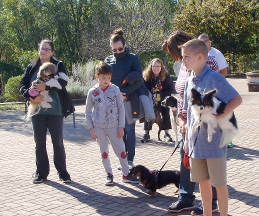 Pets and their owners wait for their individual blessings.