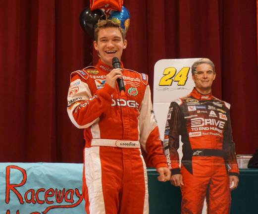 Race car driver Hunter Smith enjoys interacting with the Wantage School students.