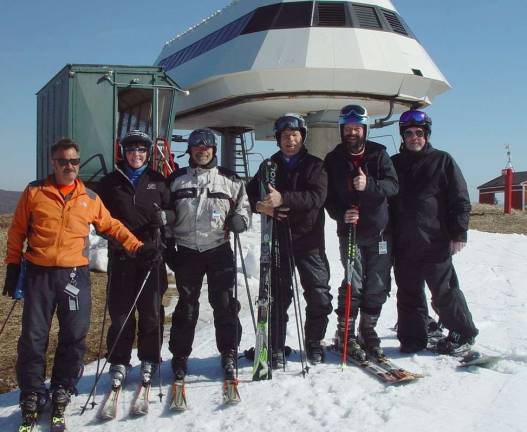 Mountain Creek skiers, from left, Joe Kennedy, Buffy Whiting, Tony. John Whiting, Steve Boshart and Mike Byron at the top of the Bear Lift