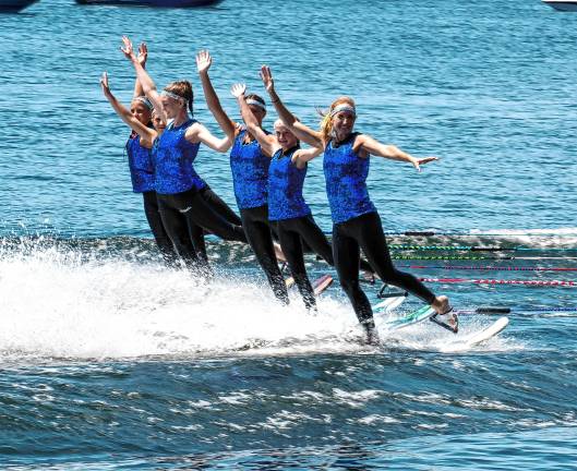 Sparta. Fourth of July events Lake Mohawk Ski Hawks performing a toe-turn line on swivel skis are Meghan Lieb, Saige Lieb, Julia Smith, Jules Reid, Reese Dalfol and Bella Pituch.