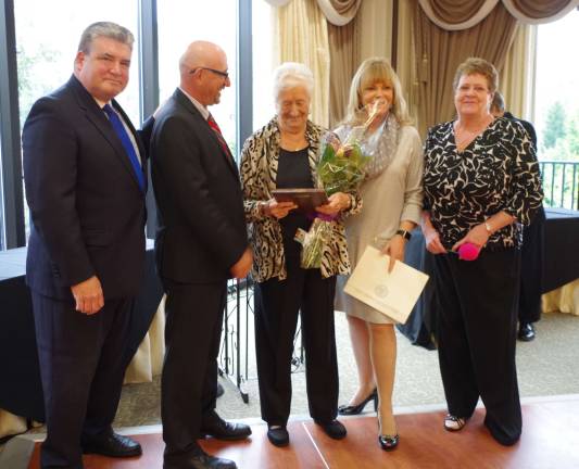 From the left are State Senator Steve Oroho, Mayor Harry Shortway, Vernon Senior of the Year Pat Reilly, Assemblywoman Gail Phoebus, and Jane Damstra, the Director of the Vernon Senior Center and Nutrition Site.