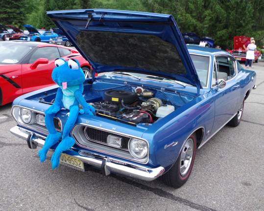 A strange looking blue creature sitting on a blue 1967 Plymouth Barracuda. The Park and Pitch for Parkinson's Car Show took place at Skylands Stadium (Augusta, N.J.) on Saturday July 21, 2018. The car show featured domestic and foreign vehicles. From noon to late afternoon classic and late model rides filled the parking lot. The charity car show was organized by Wantage, New Jersey resident Joseph Coscia who wants to creat a greater public awareness about Parkinson's disease, the disorder of the central nervous system that affects movement. Coscia was diagnosed with the disorder several years ago. A portion of the proceeds benefit the Michael J. Fox Foundation for Parkinson's.