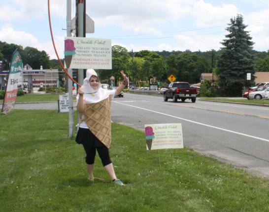 Sarah Blake dressed as a ice cream cone to promote Chocolate Parfait's grand opening.