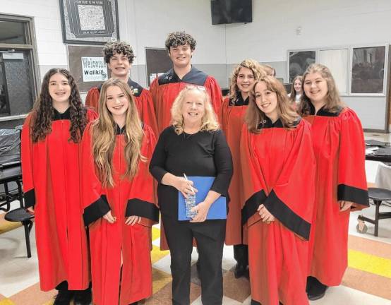 All-Sussex County High School Chorus <b>High Point Chorus members who sang in the All-Sussex County High School Chorus and Band Concert on Nov. 16 are, from left, Breelagh Colarusso, Leah Klimas, Angus Schmitt, Chales Yaneko, choral conductor Lorraine Lynch, Grace McEvoy, Sophia Fiorentino and Gabby Avery Horlacher.</b>