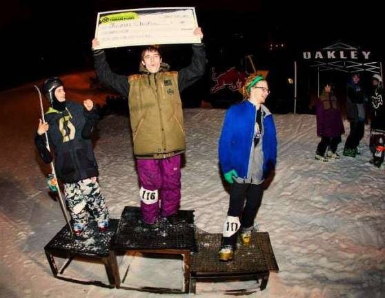 Muller wins two events at Mountain Creek Justin Choka, center, takes the podium after winning the Freeski Super Fling competition at Mountain Creek. Casey Arnold, left, was second and Dhane Knakkergaard was third.