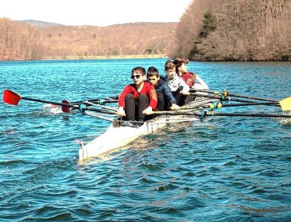 Rowing team prepares for nationals Training on Monksville Reservoir on Easter Weekend are, from left, Ethan Nir, Yair Blekher, Gavin Stekelenburg, Jake Mains and coxswain Rayna Bumbra.