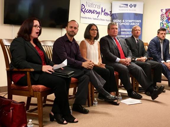 From left, Rachel Wallace, Aaron Kucharski, Annmarie Shafer, Steven Oroho, Francis Koch and Anthony Brutico spoke at the forum on opioid abuse.