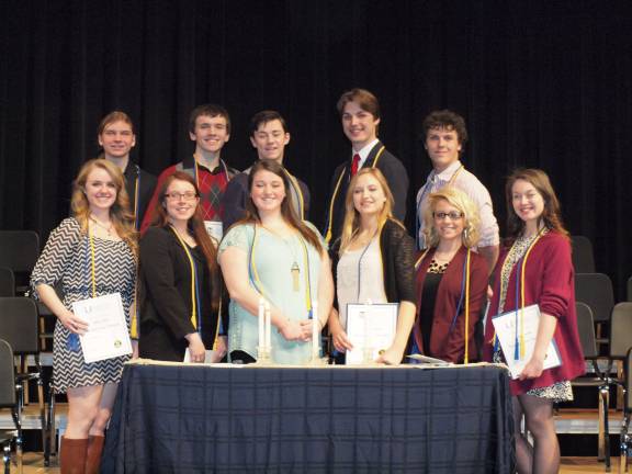 Pictured are the thespians at the recent induction ceremony at Vernon Township High School: Front row (l to r) Deidra Lohwin, Elizabeth Smith, Shaelyn Zimmerman, Victoria Marchesani, Christina O&#x2019;Brien, and Rebecca McNeil. Back row (l to r) Dylan Fau, Sean Gillen, Dylan VonderLinden, Kyle Pitts, and Eric Weber.